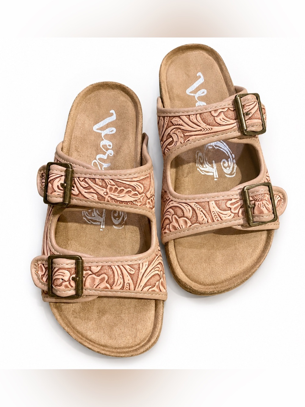 Very G Blush Tooled Western Buckle Sandals – Floral Cork Footbed Slip-On Sandals